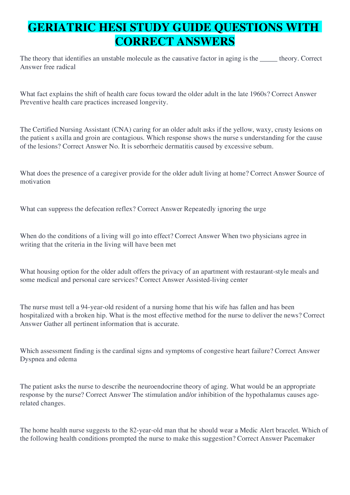 Preview image for GERIATRIC HESI STUDY GUIDE QUESTIONS WITH CORRECT ANSWERS